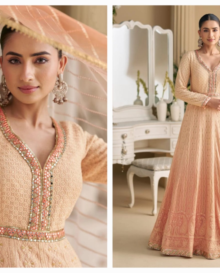 PEACH - Georgette Designer Gown with Beads Work for Festival in Peach